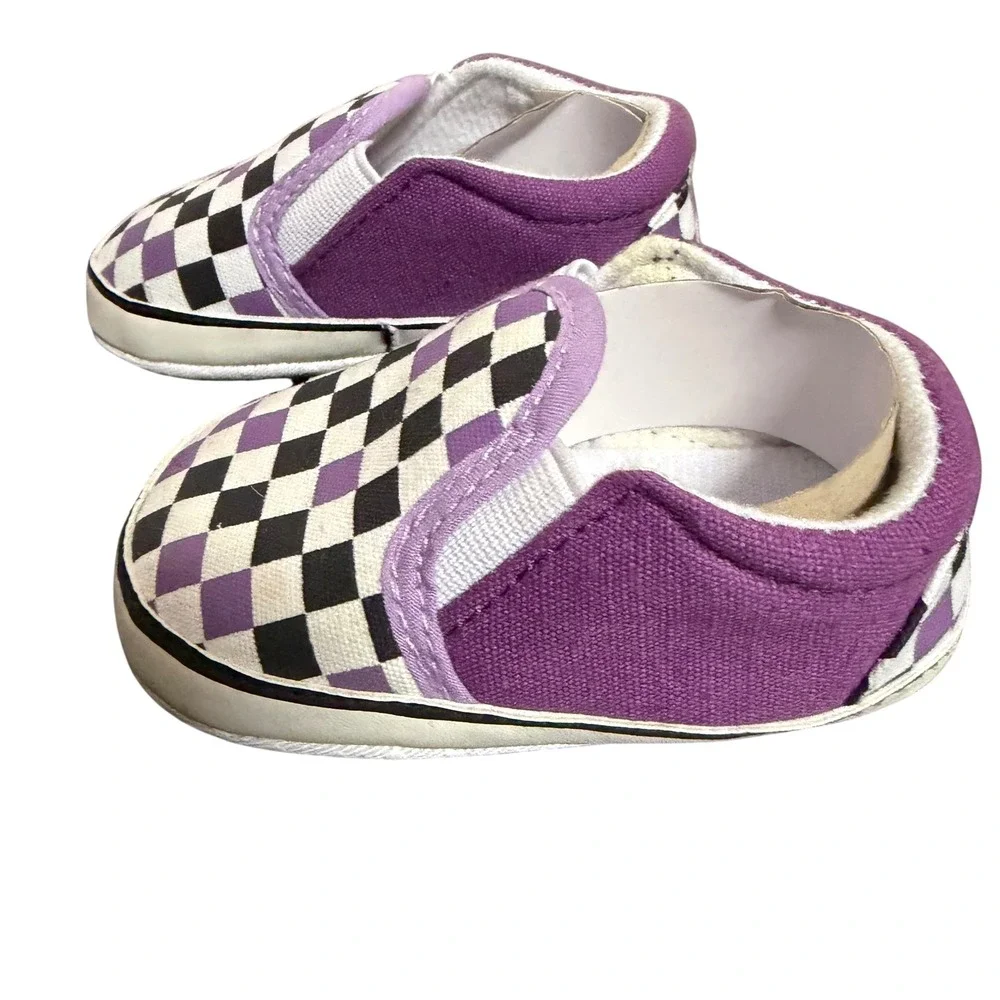 Checkerboard Crib Shoes Unisex Girls Size 2 Purple Black White Skate Casual Soft